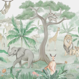 Carta da parati Panorama della giungla con animali nei toni del verde