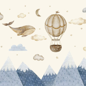 Carta da parati Mongolfiera, simpatica balena, cielo stellato, montagne, acquerello, colori blu e beige