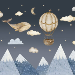 Carta da parati Mongolfiera, simpatica balena, cielo stellato scuro, montagne, acquerello, colori blu e beige