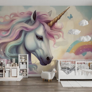 Carta da parati Unicorno in un cielo nuvoloso con arcobaleno