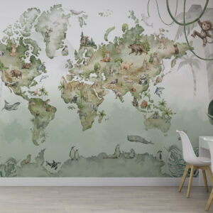 Carta da parati Mappa del mondo in stile acquerello con animali