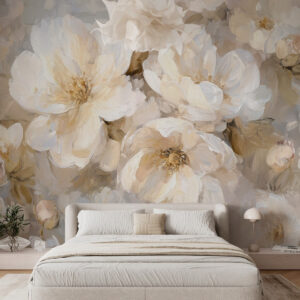Carta da parati grandi fiori nei toni del bianco e del beige nello stile della pittura a olio