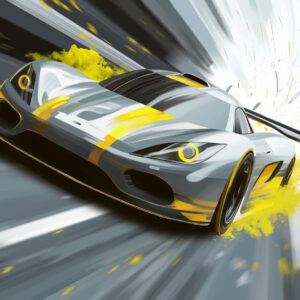 Carta da parati auto sportiva dinamica in stile disegno digitale con accenti gialli