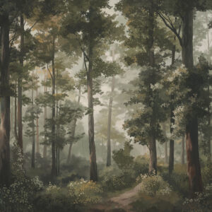 Carta da parati Illustrazione di una foresta con nebbia, alberi ad alto fusto e un sentiero
