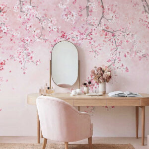 Carta da parati Rami con fiori rosa su uno sfondo pastello tenue