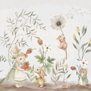Carta da parati Illustrazione per bambini con un coniglietto e un topolino tra piante e fiori
