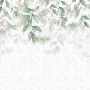 Carta da parati foglie ricche di texture che ricadono a cascata, con fiori nei toni del verde e del beige