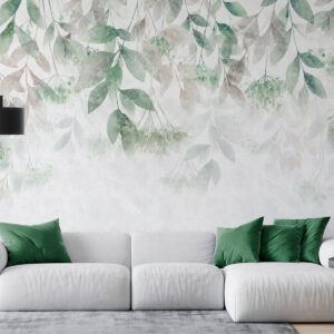 Carta da parati foglie ricche di texture che ricadono a cascata, con fiori nei toni del verde e del beige