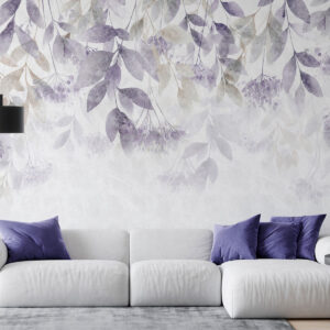 Carta da parati foglie ricche di texture che ricadono a cascata, con fiori nei toni del viola e del beige