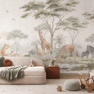 Carta da parati Safari con giraffe, leoni, zebre e alberi tropicali