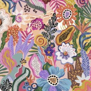 Carta da parati Motivo tropicale vivace con fiori, foglie e frutti colorati