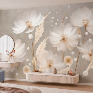 Carta da parati Grandi fiori bianchi con foglie decorative su uno sfondo grigio