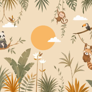Carta da parati Animali tropicali, vegetazione e sole su uno sfondo dai toni caldi