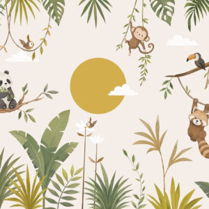 Carta da parati Animali tropicali tra il fogliame con un grande sole