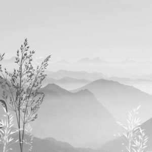 Carta da parati Vista montagna con piante e fiori di colore grigio