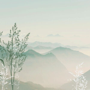 Carta da parati Vista sulle montagne con piante e fiori di colore verde