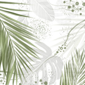 Carta da parati Foglie e fronde di palma verde tropicale, con forme astratte e schizzi nei toni del verde e del bianco