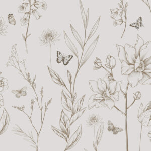 Carta da parati Boho Fiori e farfalle monocromatici in colore beige