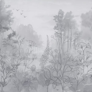 Carta da parati Paesaggio forestale con fiori selvatici, disegni al tratto, realismo, alberi, natura, tavolozza di colori grigi