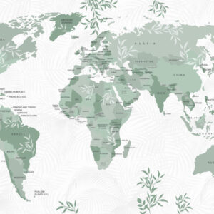 Carta da parati Elegante mappa del mondo con foglie e piante di colore verde