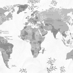 Carta da parati Elegante mappa del mondo con foglie e piante di colore grigio
