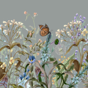 Carta da parati Un'illustrazione blu colorata di una scena di giardino fiorito e lussureggiante con insetti in uno stile onirico e fantastico