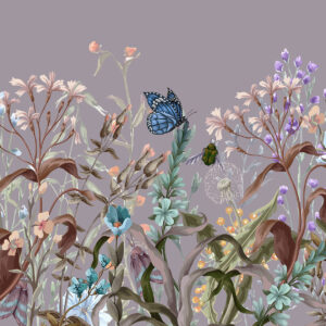 Carta da parati Un'illustrazione viola colorata di una scena di giardino fiorito e lussureggiante con insetti in uno stile onirico e fantastico