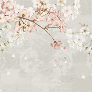 Carta da parati Fiori di ciliegio bianchi e rosa in piena fioritura, con morbidi petali che cadono su uno sfondo beige strutturato
