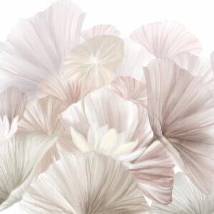 Carta da parati Delicate foglie di loto rosa con fiori bianchi dai petali morbidi e piumosi disposti in una composizione artistica naturale