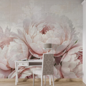 Carta da parati Peonie rosa tenue con petali delicati su uno sfondo vintage dalla texture leggera