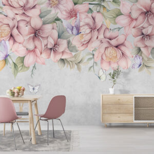 Carta da parati Fiori bianchi e rosa tenui con fiori e foglie delicati su sfondo grigio testurizzato
