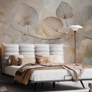 Carta da parati Foglie delicate con venature intricate e colori tenui su uno sfondo chiaro