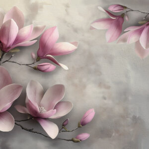 Carta da parati Delicate magnolie rosa su una parete di cemento nei toni del grigio