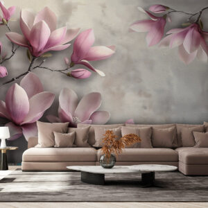 Carta da parati Delicate magnolie rosa su una parete di cemento nei toni del grigio