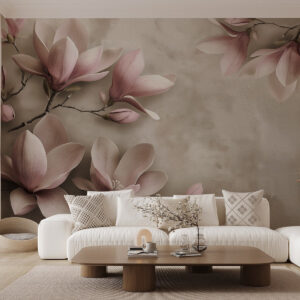 Carta da parati Delicate magnolie rosa su un muro di cemento in tonalità seppia