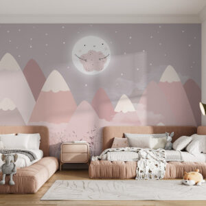 Carta da parati Montagne per bambini con una simpatica luna e piante in basso