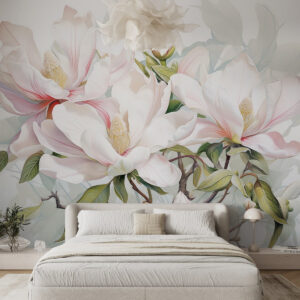 Carta da parati Fiori di magnolia con petali bianchi e rosa, foglie e rami marroni, stile acquerello morbido e delicato