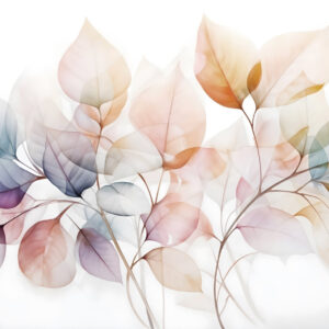 Carta da parati Pittura ad acquerello di foglie traslucide in colori pastello, con sfumature di rosa, bianco, viola e blu