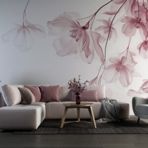 Carta da parati Fiori rosa con petali traslucidi appesi a un ramo, rosa e bianco, composizione d'arte moderna minimalista