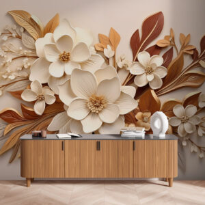 Carta da parati fiori 3D con foglie in stile origami nei toni del beige