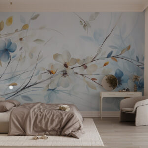 Carta da parati Composizione floreale con foglie blu e arancioni e fiori bianchi, petali delicati, rami sottili, colori tenui, effetto acquerello