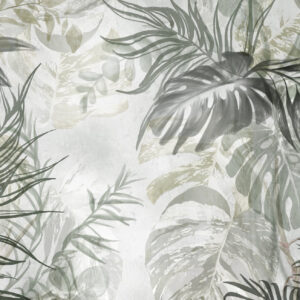 Carta da parati Monstera e foglie di palma nei toni del verde e del grigio, botanica, fogliame tropicale, piante della giungla, sfondo strutturato