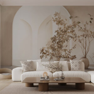Carta da parati Piante in vaso dai toni beige davanti ad archi astratti, stile minimalista, elegante e pulito, sfondo neutro