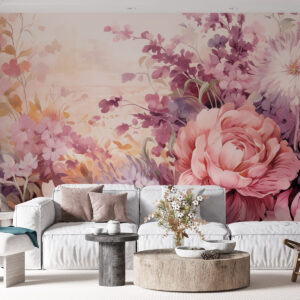 Carta da parati Fiori colorati nei toni del rosa e del viola: lillà, peonie, crisantemi