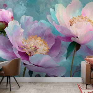 Carta da parati Peonie colorate nei toni del blu e del viola