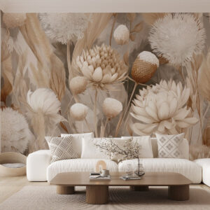 Carta da parati Armonia Boho: Fiori strutturati nei toni del beige e del crema