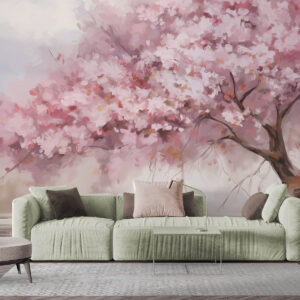 Carta da parati Albero astratto di fiori rosa in piena fioritura, accanto a un fiume, pennellate morbide e colori pastello