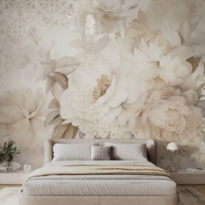 Carta da parati Composizione floreale di peonie bianche con foglie beige, su uno sfondo decorativo con texture vintage
