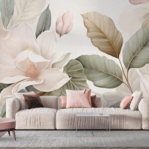 Carta da parati Fiori di magnolia con foglie dai colori pastello, bianco, rosa e verde, morbidi, delicati, in stile acquerello