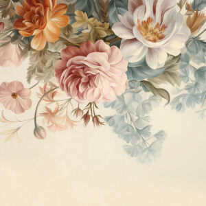 Carta da parati Composizione floreale vintage con rose, peonie e altri fiori dalla texture particolare con fogliame, su sfondo chiaro